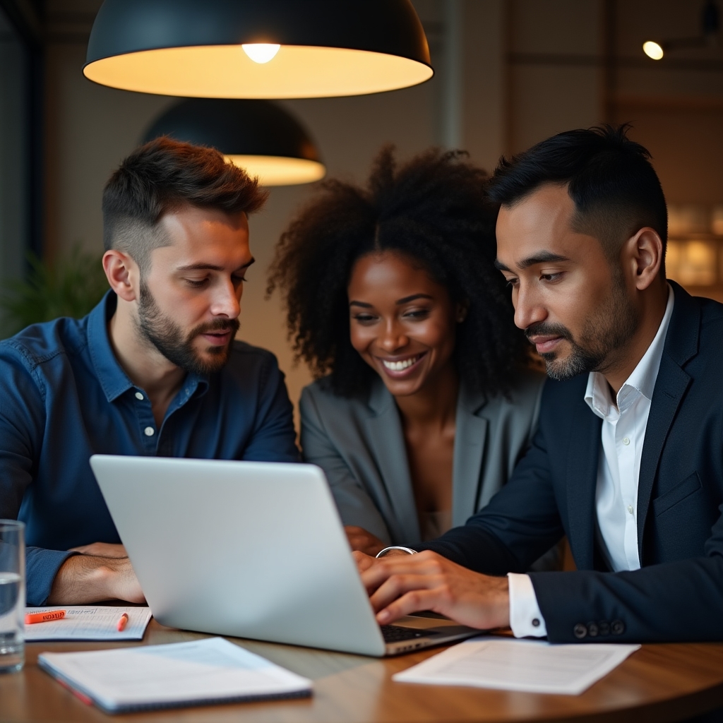 Small group of professionals gathered around a laptop screen, collaborating on editing a document during an intensive workshop