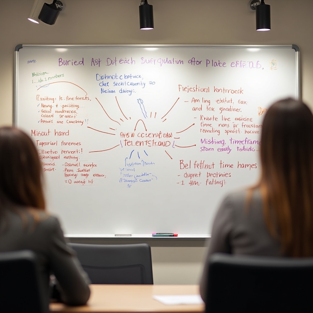 Whiteboard covered in writing patterns and revision frameworks during a professional writing workshop, marker notes visible