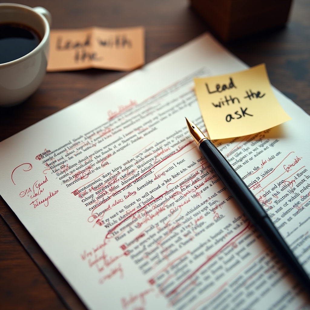 Close-up of annotated document with handwritten editing notes and revision marks in a professional setting